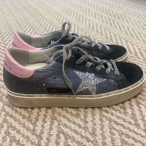 Golden Goose Hi Star Black Suede/Corduroy/Silver/Orchid/Size 38.